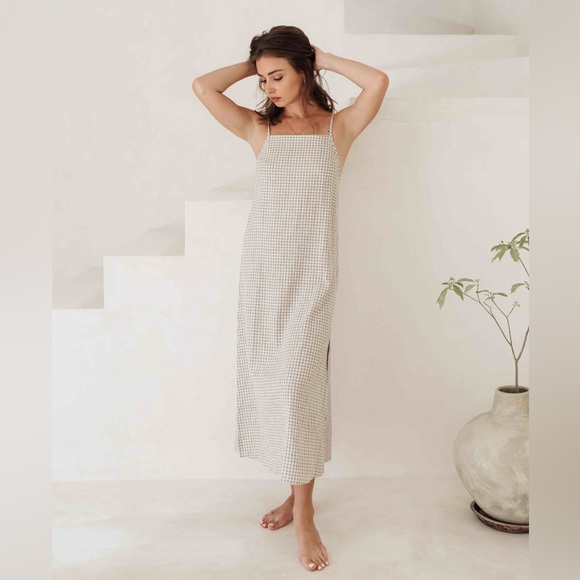 Natural/White Gingham Midi-Dress with Square Neck & Side Slit - Linen & Cotton - Picture 3 of 9